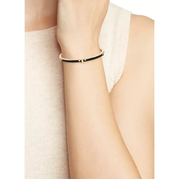 Tory Burch Black & Gold Enamel Serif Bangle Bracelet - Picture 4 of 9